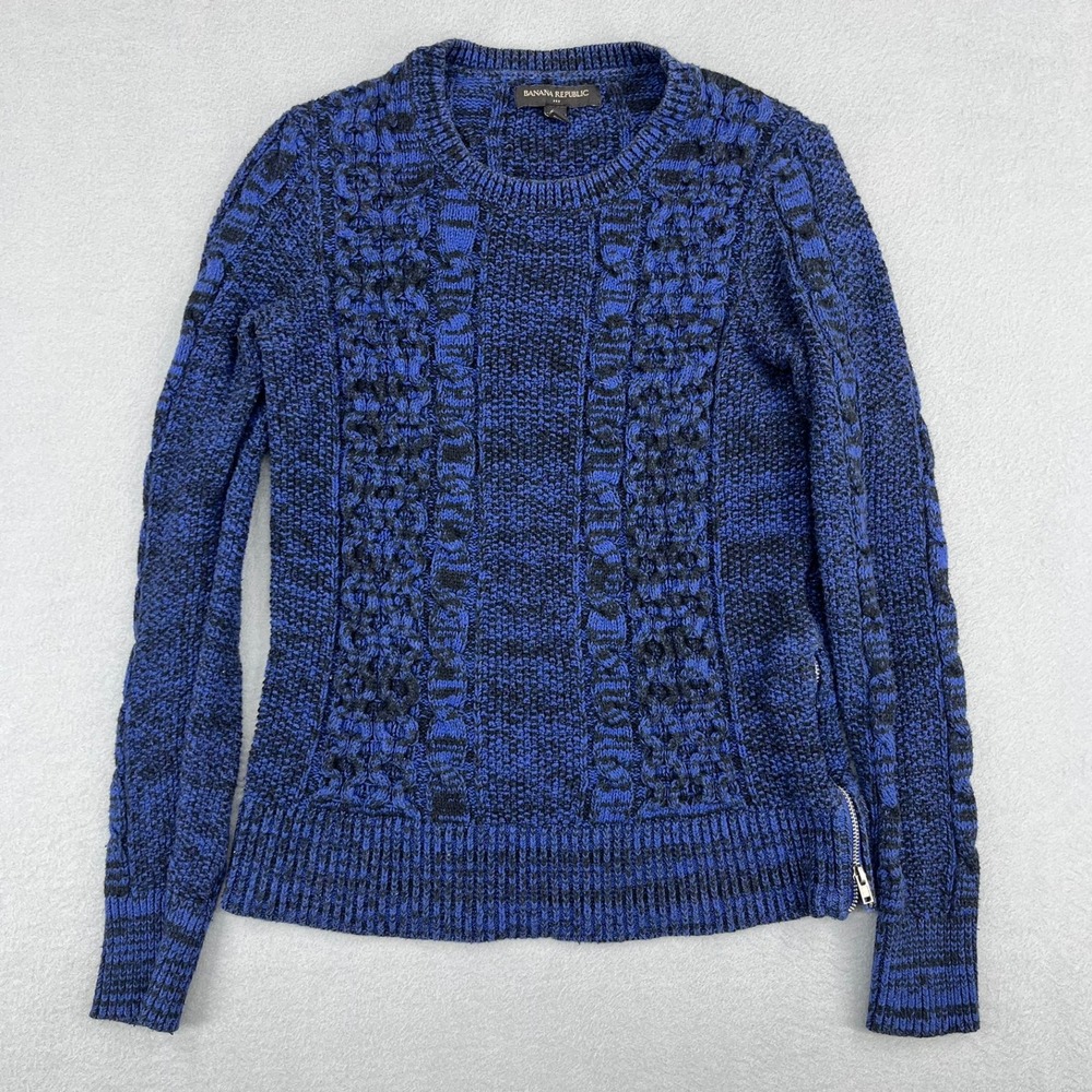 Banana Republic Womens‎ XS Blue Black Cable Knit Side Zip Crew Neck Sweater